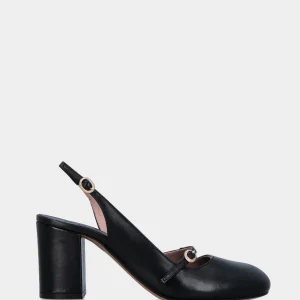 Slingback nera in pelle a punta tonda e tacco largo