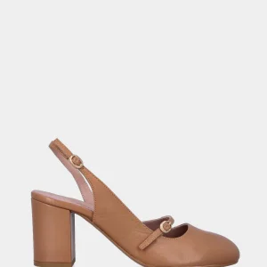 Slingback beige in pelle a punta tonda e tacco largo