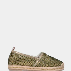 Espadrillas verde in tessuto a rete con strass