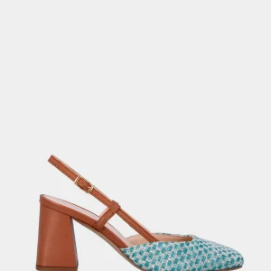 Slingback cuoio in pelle con tomaia in raffia