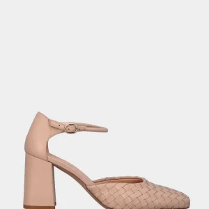 Décolleté beige in pelle a punta quadrata con tomaia intecciata