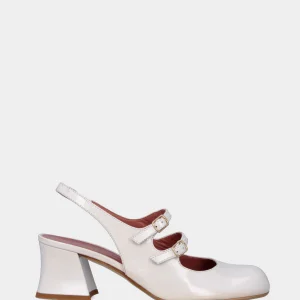 Slingback bianca in naplak a punta stondata e tacco largo
