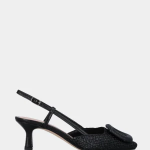 Slingback nera in rafia intrecciata con accessorio ad anello