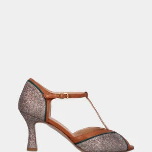 Décolleté modello charleston in glitter con profilo cuoio