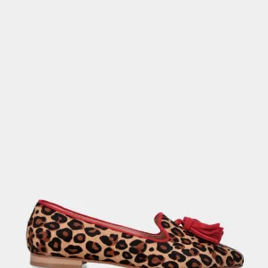 Pantofolina in stampa animalier in pelle con nappine rosse