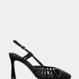 Slingback nera in pelle con listini e tacco scamosciato