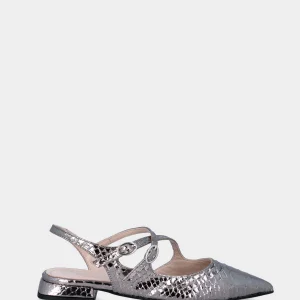 Slingback argento in stampa pitonata con cinturini incrociati