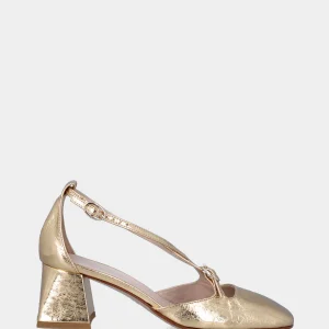 Décolleté oro in pelle laminata con cinturini incrociati