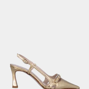 Slingback oro in pelle laminata a punta sfilata con fibbia