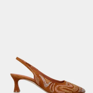 Slingback cuoio in pelle con inserti ondulati di brillantini