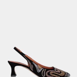 Slingback nera in pelle con inserti ondulati di brillantini