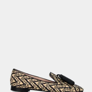 Pantofolina beige e nera in rafia con fantasia a scacchi