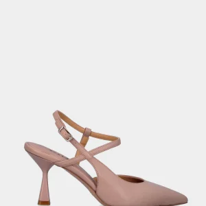 Slingback nude in pelle a punta sfilata con cinturino asimmetrico