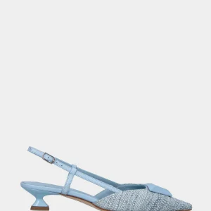 Slingback azzurra in tessuto con accessorio a trapezio