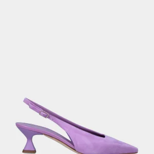 Slingback lilla in pelle a scollo squadrato con tacco a calice