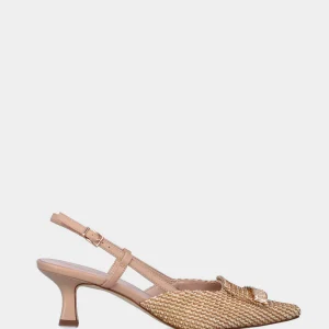 Slingback beige in tessuto intrecciato con barretta di cristalli