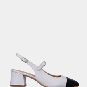 Slingback bianca in pelle con punta quadrata nera