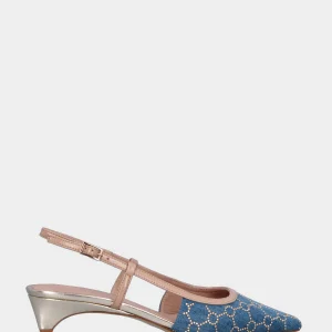 Slingbacks in tessuto color jeans con borchie geometriche e tacco conico