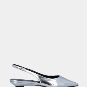 Slingback in laminato argento con zeppa 30 mm e punta sfilata