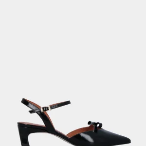 Slingback in vernice nera con tacco a coda e fiocchetto sulla pianta