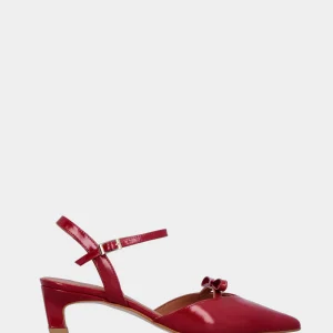 Slingback in vernice rossa con tacco a coda e fiocchetto sulla pianta