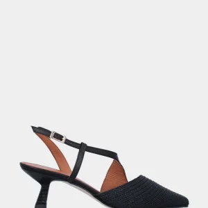 Slingback in rafia nera, tacco a rocchetto