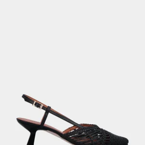Slingback in rafia nera con intreccio e tacco a rocchetto