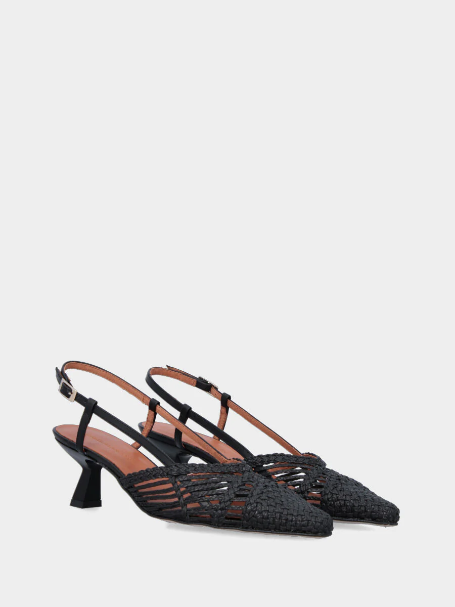 Slingback in rafia nera con intreccio e tacco a rocchetto - immagine 3