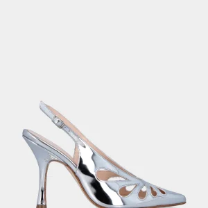 Slingback in laminato argento con tomaia aperta a gocce