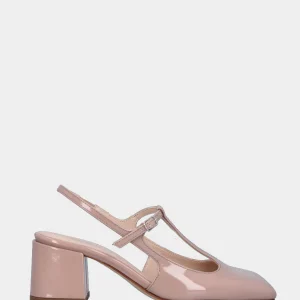 Slingback in vernice nude con cinturino charleston e tacco a blocco