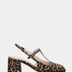Slingback in tessuto leopardato con cinturino charleston e tacco a blocco
