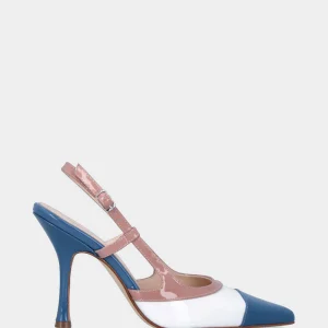 Slingback in vernice bianca e azzurra con profili beige e tacco a calice