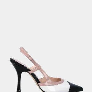 Slingback in vernice bianca e nera con profili beige e tacco a calice