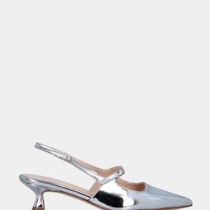 Slingback in laminato argento con cinturino sul collo e tacco a calice