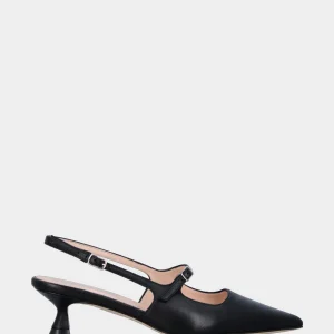 Slingback in nappa nera con cinturino sul collo e tacco a calice