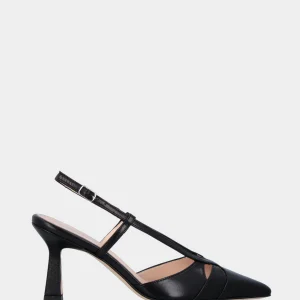 Slingback in nappa nera con tomaia a balze e tacco a calice