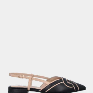 Slingback in nappa nera con profili beige e cinturini arcuati
