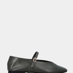 Ballerina Mary Jane in nappa verde con cinturino e tacco flat