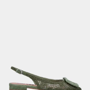 Slingback in cotone verde con accessorio e tomaia in rete ricamata