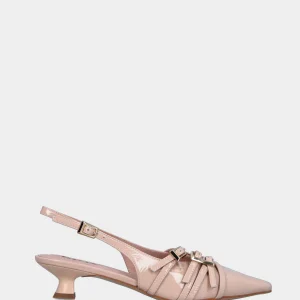 Slingback in naplak cipria con tre cinturini e tacco a rocchetto