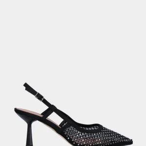 Slingback in retina nera e cristalli con tacco a calice