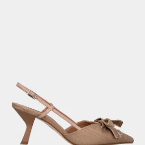 Slingback in tessuto beige con nastro e tacco a calice