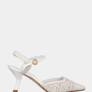 Slingback in nappa bianco latte con tomaia intrecciata a merletto