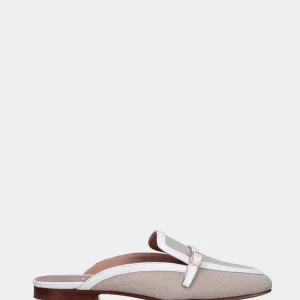 Sabot bicolore in tessuto beige con profili in pelle bianca