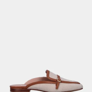 Sabot bicolore in tessuto beige con profili in pelle color cuoio