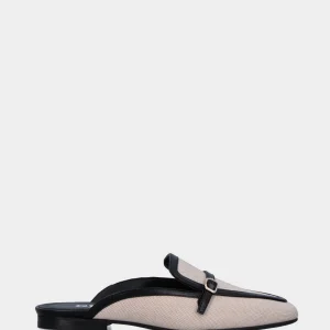 Sabot bicolore in tessuto beige con profili in pelle nera