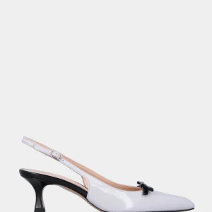 Slingback in verlux bianco con tacco e fiocchetto a contrasto