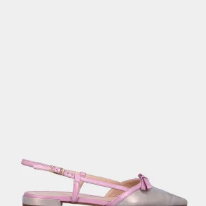 Slingback in laminato bicolore bronzo e rosa con fiocchetto