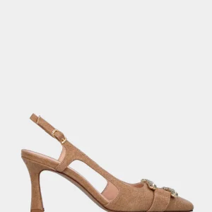 Slingback in cotone beige con punta quadrata stretta e accessorio gioiello