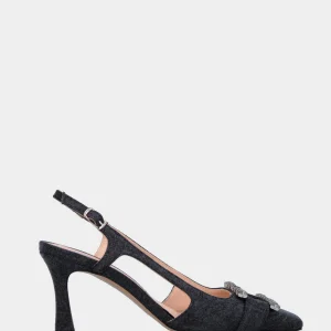 Slingback in cotone nero con punta quadrata stretta e accessorio gioiello